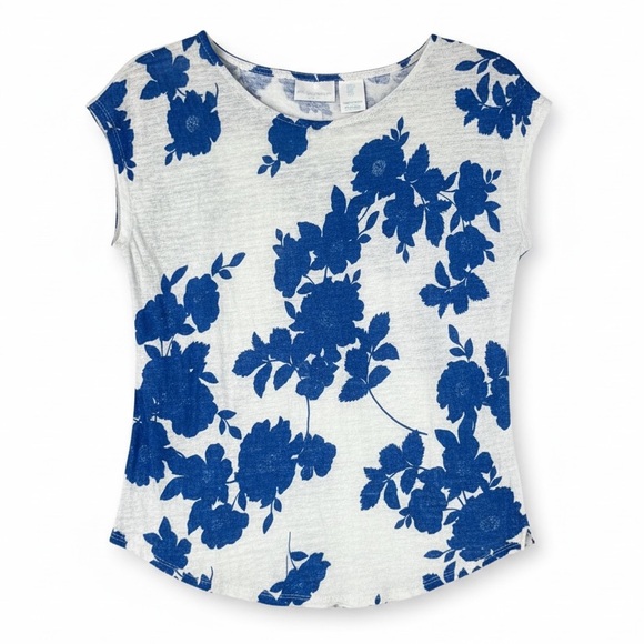 Cynthia Rowley Tops - Cynthia Rowley Linen Floral Cap Sleeve Summer Top Vacation Travel Blue White M